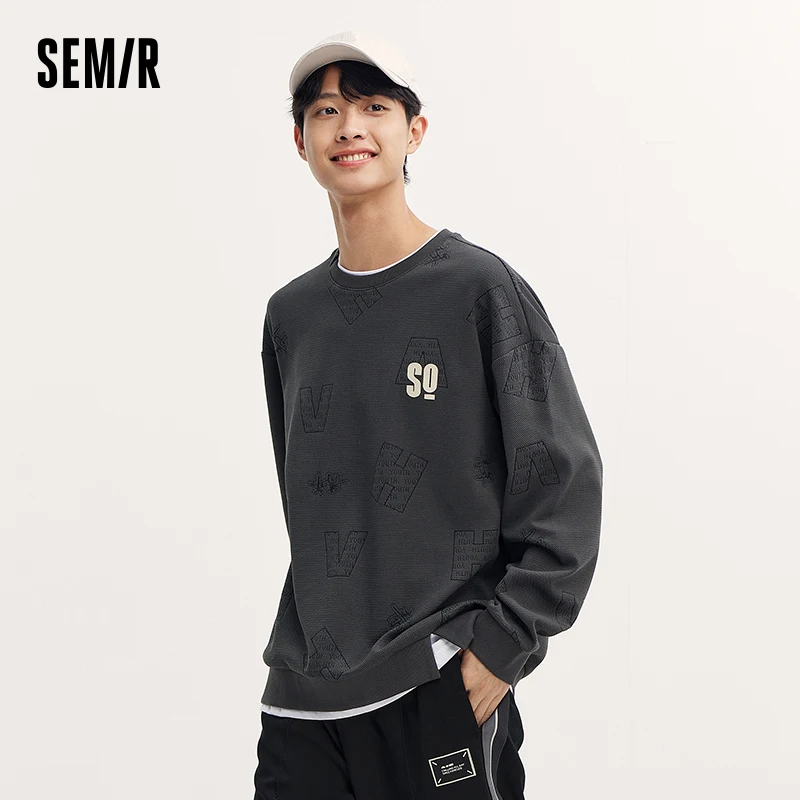 Semir Sweatshirt Men Autumn Fashion Fake Two-Piece Delicate Jacquard Knit Top Simple Versatile Loose Casual Wear