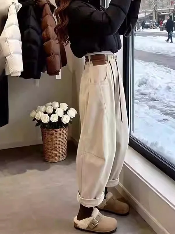 Khaki Fce Lined Dad Jeans Women's Winter High Waist Loose Fit Casual Sle Nine-Piece Carrot Pants plus Size ort Stature