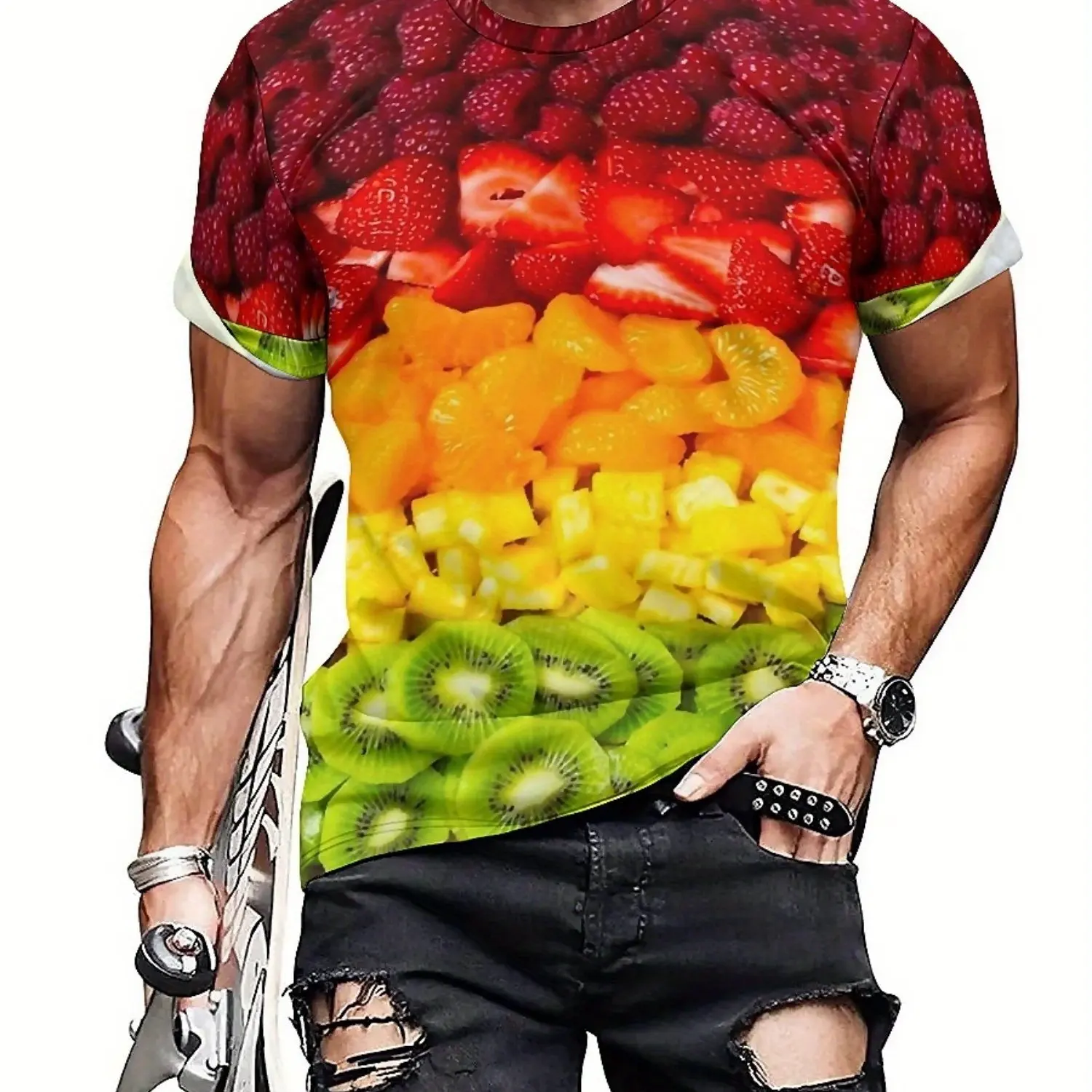تي شيرت رجالي بأكمام قصيرة وطبعة فواكه ثلاثية الأبعاد بتصميم هندسي لكامل الجسم، قماش مسامي، ملابس في اتجاهين للحفلات