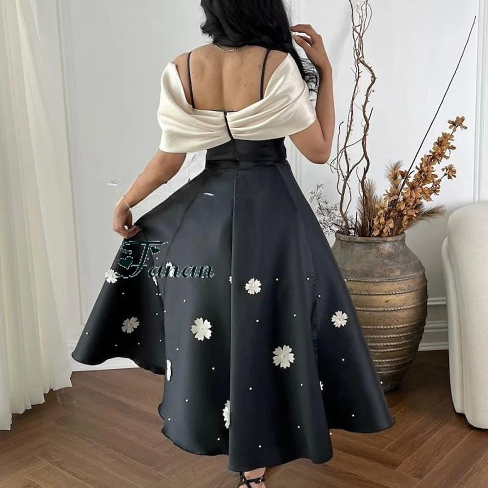 Customized Off the Shoulder Black Satin Evening Dress Sleeveless With Appliques Party Dress A-line Tea-Length Prom Gown