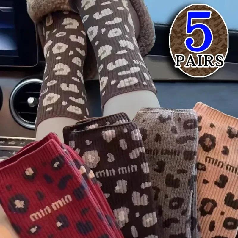 Women Leopard Print Socks Knitted Warm Autumn Winter Spotted Cotton Middle Tube Sock High Quality Vintage Fashion Trendy Socks