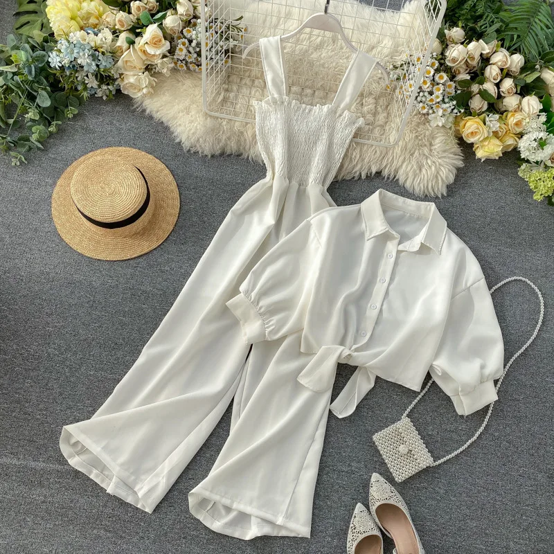 Ropmers Set Women Two Piece Sets Sling One Piece Wide Leg Pants Overalls Matching Sets Shirt Tops Long Pant High Waist Elegant