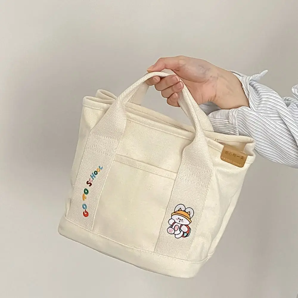 Casual Solid Color Women\'s Tote Bag Cartoon Embroidery Canvas Handbag Portable Large Capacity Multi Pocket Lunch Bag