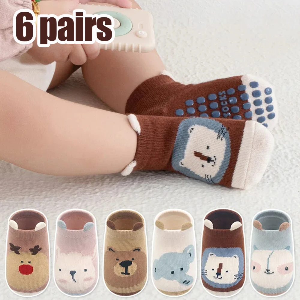 

6 пар противоскользящих носков для мальчиков и девочек с милыми рисунками животных, удобные и дышащие детские носки для дома.