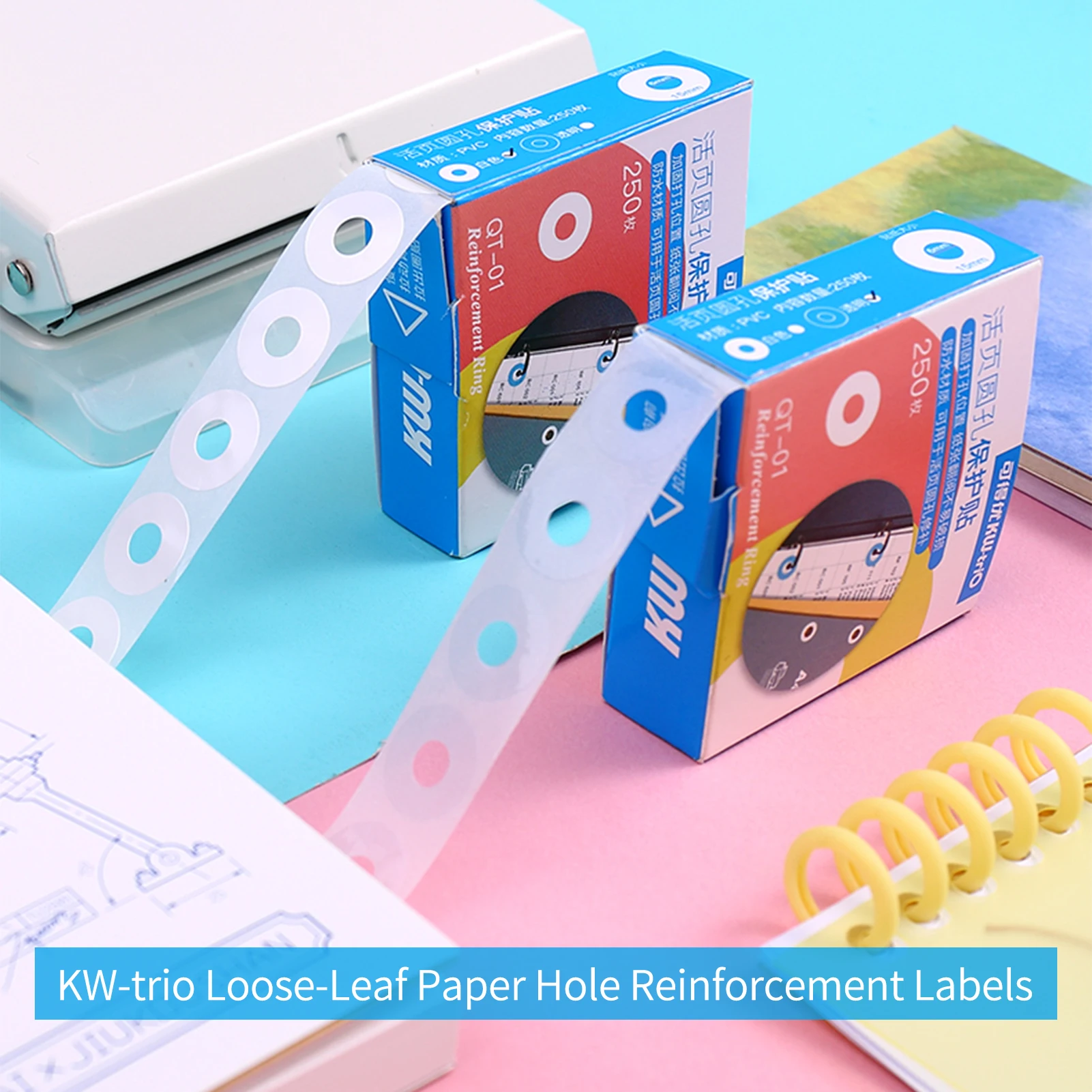 KW-trio Loose-Leaf Paper Hole Reinforcement Labels Round Stickers Self-Adhesive Hole Punch Protector for Office School Home