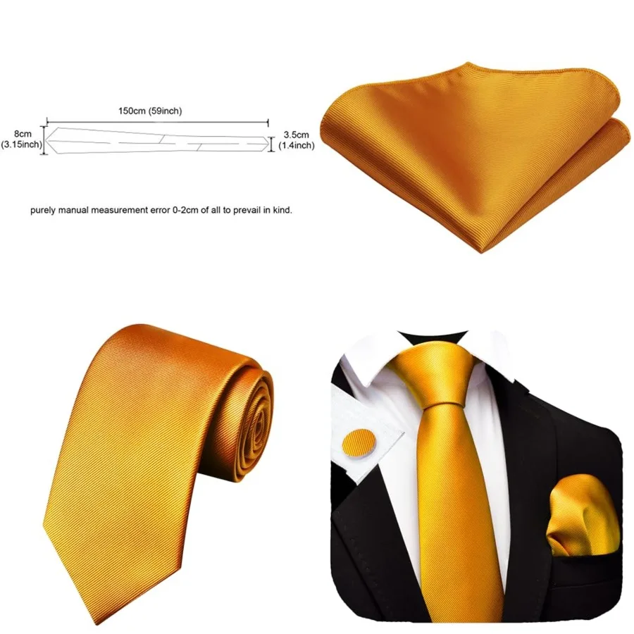 Conjunto de corbata y pañuelo de bolsillo de color liso de 3.15 pulgadas (8 cm) para hombre + caja de regalo, dorado oscuro