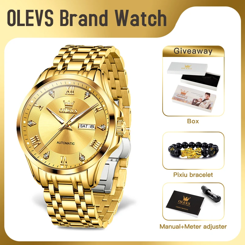 

OLEVS 6702 Mens Watch Original Mechanical Automatic Watch Waterproof Luminous Reloj Dual Calendar Display Watches Luxury Men