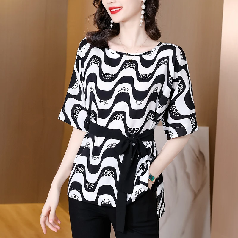 Summer Loose Silk Long Shirts Women Blouses Casual Bandage Short Sleeve Tops Striped Plaid Leopard Print Female Blouse