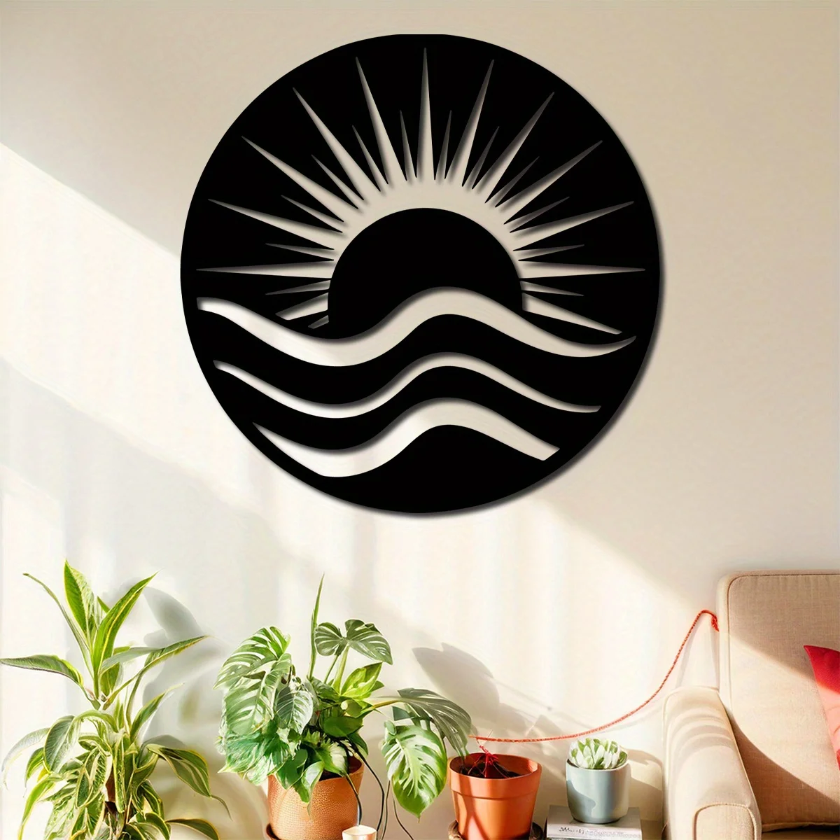 1 Stück Metall-Wandkunst mit Sonnen- und Wellenmotiv, Boho-Ozean-Eisenskulptur für Küstenbadezimmer, Schlafzimmer, Wohnzimmer, stilvolle Wanddekoration für Ihr Zuhause
