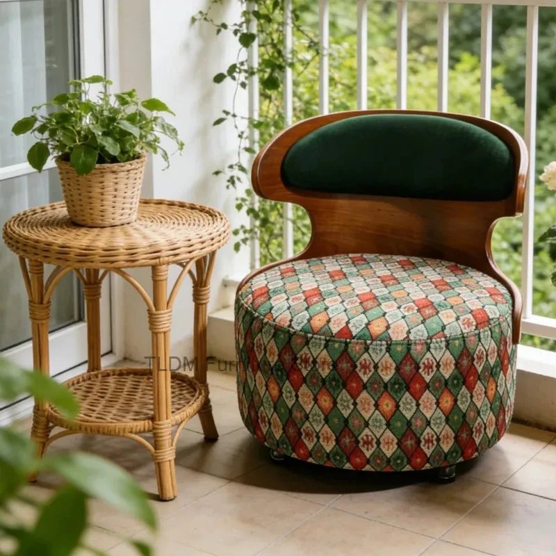 Retro Style Solid Wood Backrest 360 Degree Swivel Accent Chair，Printed Fabric Round Rolling Leisure Stool Home Furniture