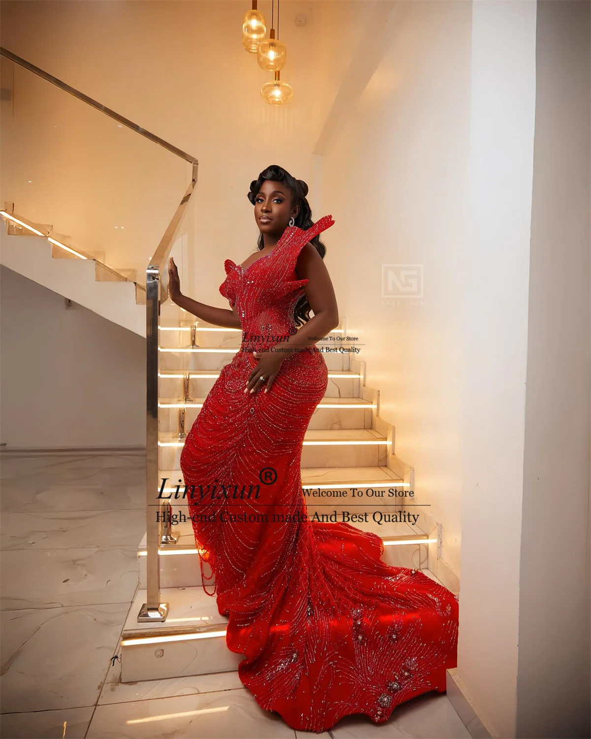 Glitter Kristallen Kralen Zeemeermin Galajurk Aangepaste Aso Ebi Mouwloze Avondjurk Afrikaanse Dubai Lange Robe De Soire