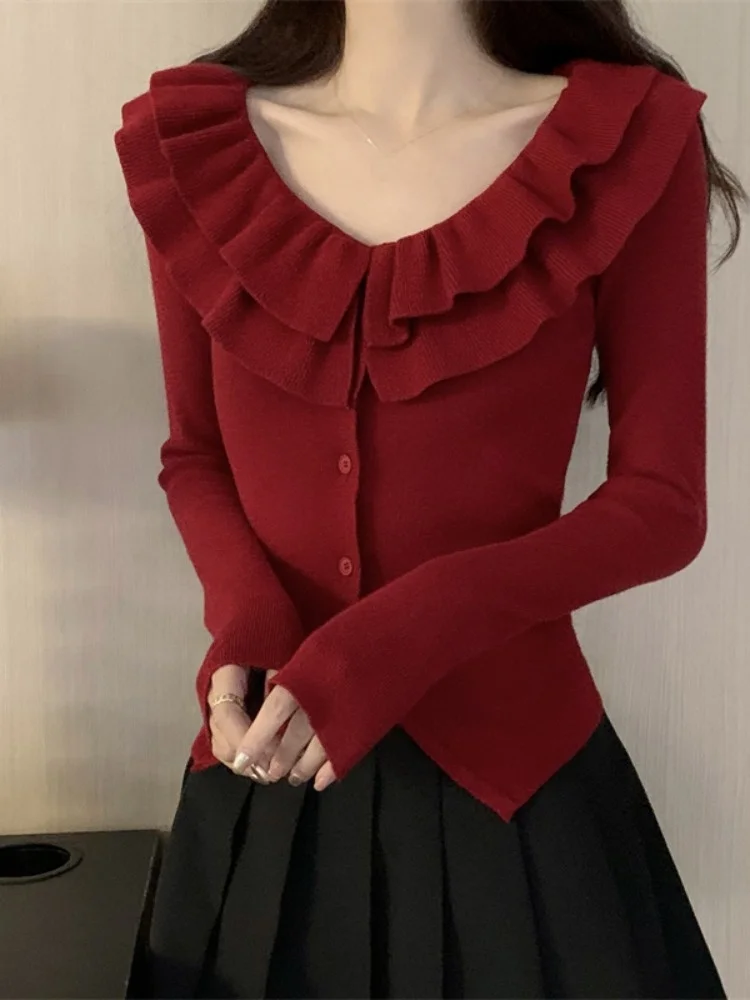 

Spring Faion ort Knitted Base irt Women's V-ne Embellied Hemline Red Luy Year Top Korean Sle Slim Fit Long Sve