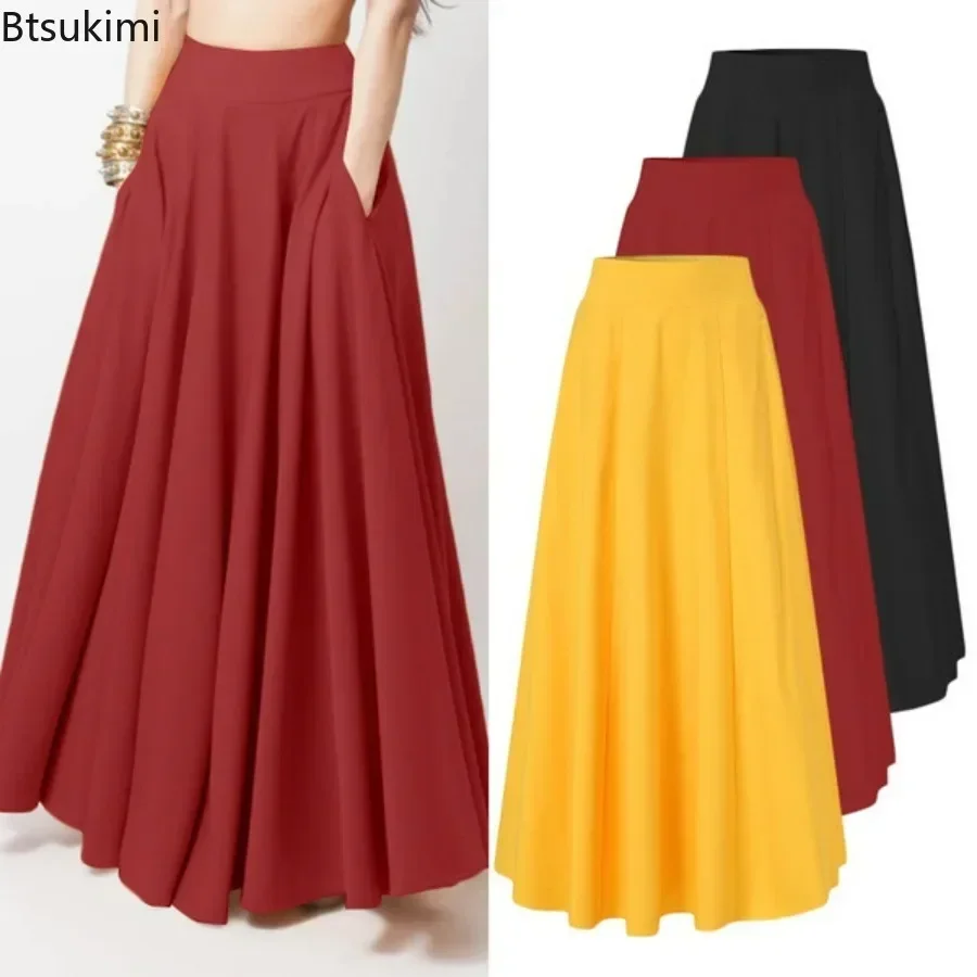 

New 2025 Women's Elastic Waist Pocket Solid Breathable Half Body Pleated Skirt Loose Fashion Club Party Long Dress Female Skirts