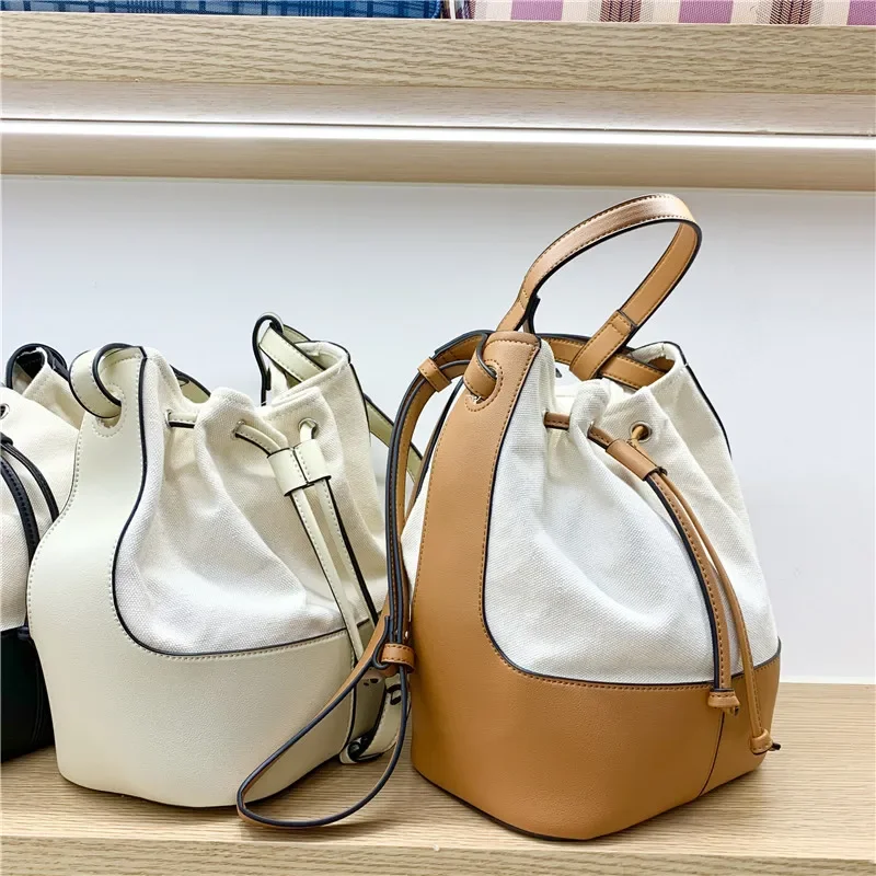 Casual Canvas Bucket Bag for Women Designer Drawstring Handbags Luxury Pu Leather Patchwork Shoulder Crossbody Bags Large Totes