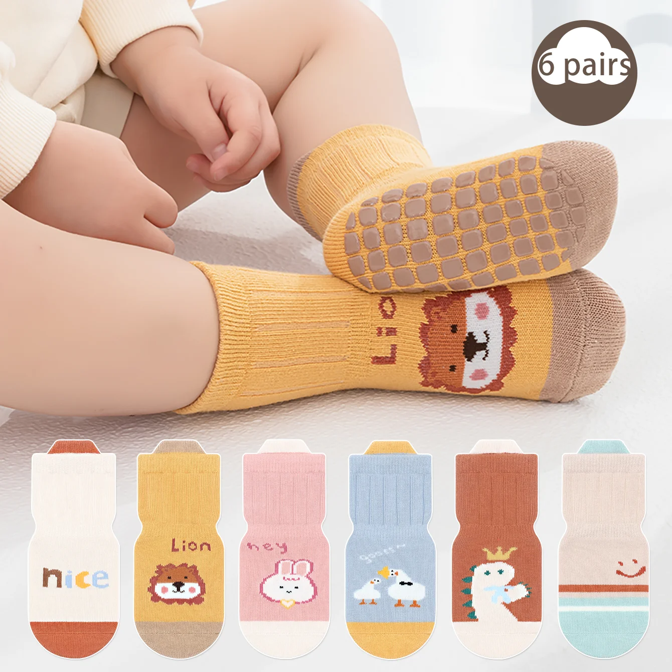 Chaussettes de sol anti-ald pour bébé, planche droite, courtes, grande surface, collées, tramimmersion, saison, dessin animé, 6 paires