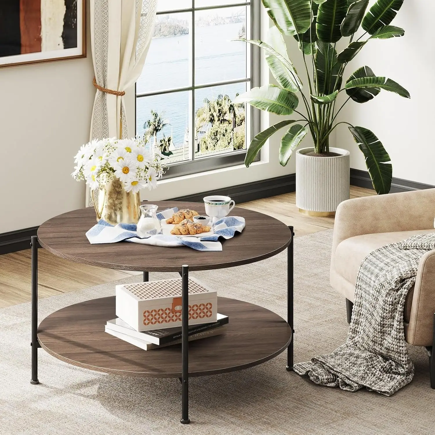 32.6" 2-Tier Industrial Round Coffee Table - Small Wood Circle Center Table with Open Storage
