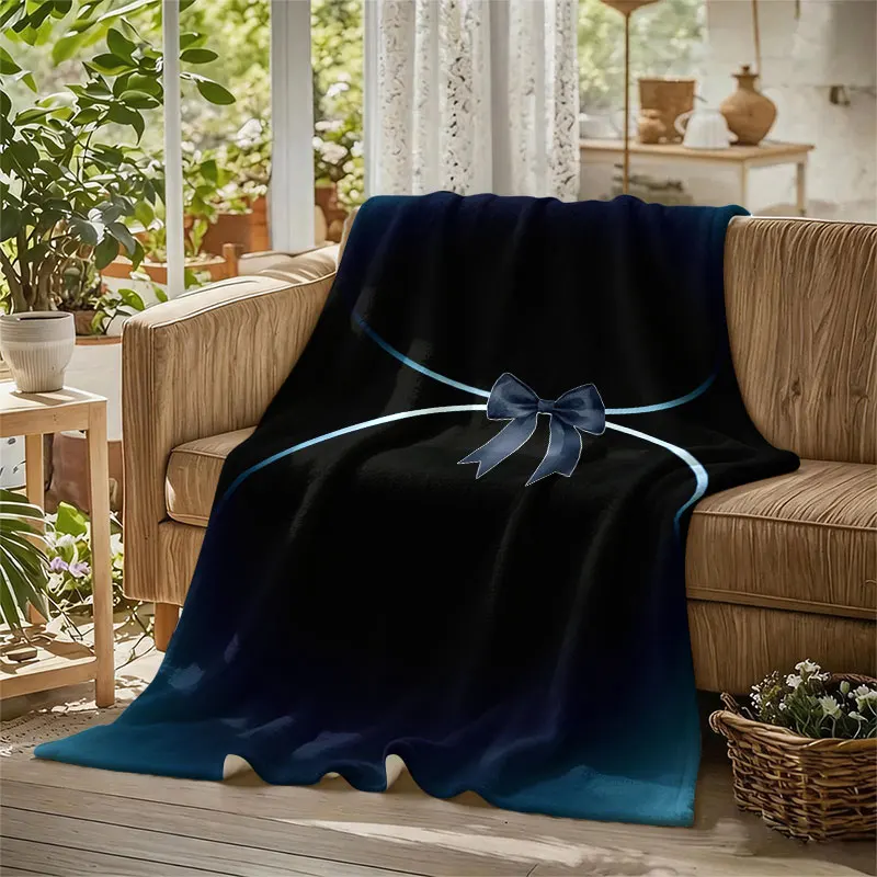 Midnight Blue Bow Accent Flannel Blanket Perfect for Sofa Office Bed Travel Sleep Read Relax Camping Four Season Use