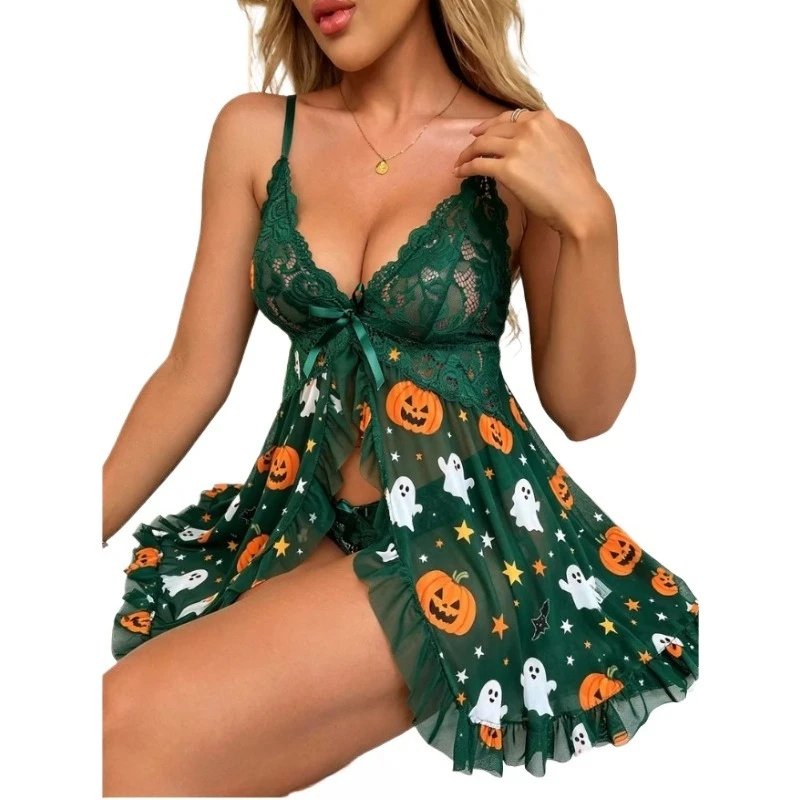 Womens Halloween Sheer Mesh Babydoll Dress Lace Contrast V Neck Nightshirt Pumpkin Pattern Ruffle Hem Sleepwear Set