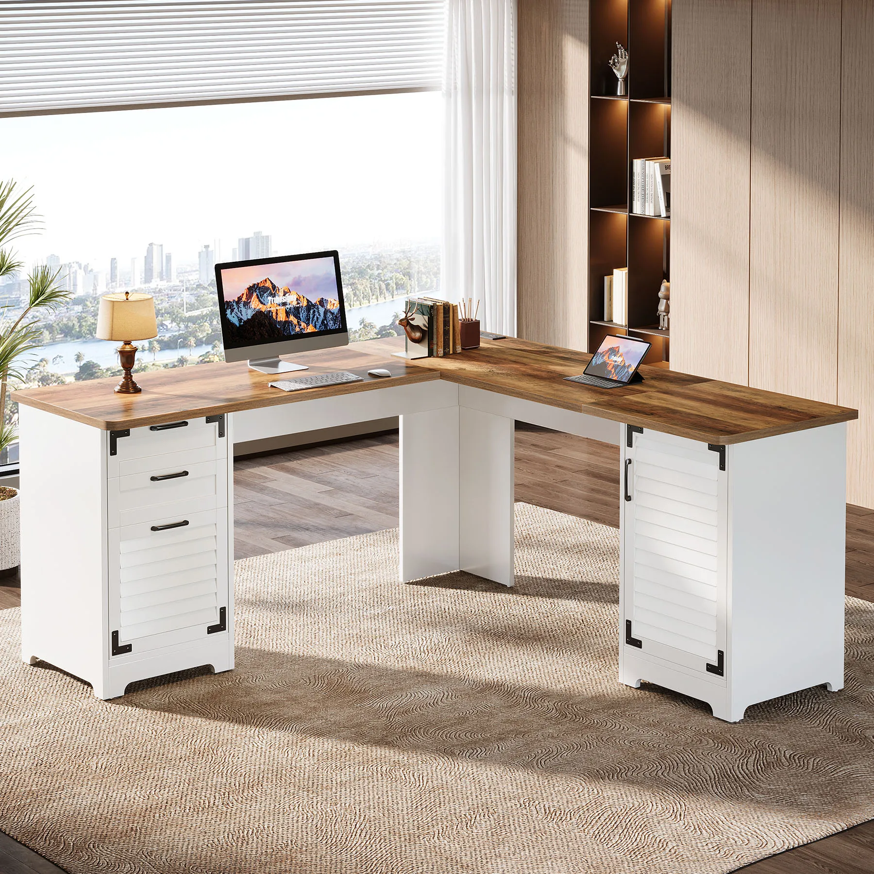 

as-Desk Office Table,office Desks,office Furniture with Power Outlets Plus USB & Type-C Ports File Drawer & Adjustable Cabinet@