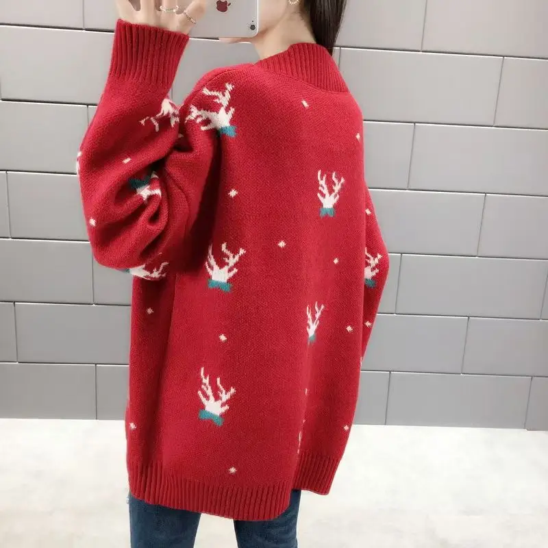 Christmas Deer Knitted Coat Femal Loose Cardigan For Women Long Sleeve Top New Casual Chic Office Lady\'s Sweater Single Breasted