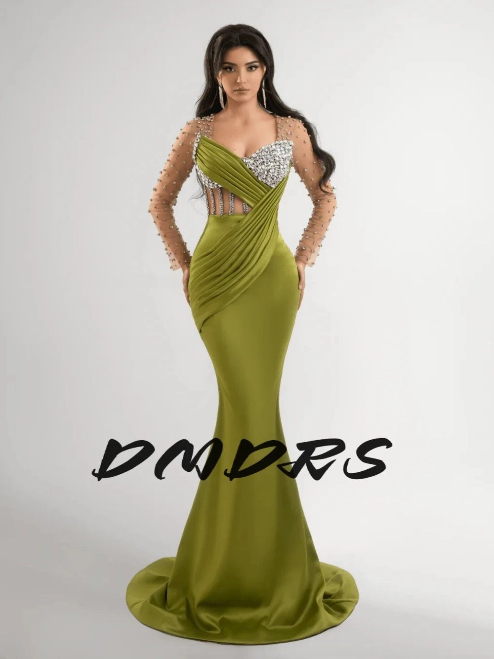 

Green Mermaid Classy Crystals Prom Gown Customized For Women Birthday Party Formal Beaded Long Sleeves Corset Evening Dress
