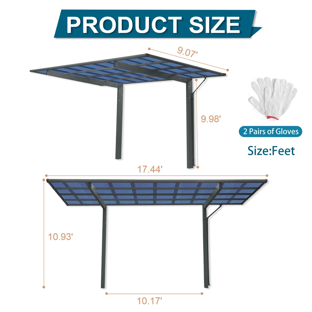 Outdoor Carport, 17.44FT*9FT*11FT Single Carport Aluminum Metal Frame and Polycarbonate Panels Car Port for Outdoor Driveway Car