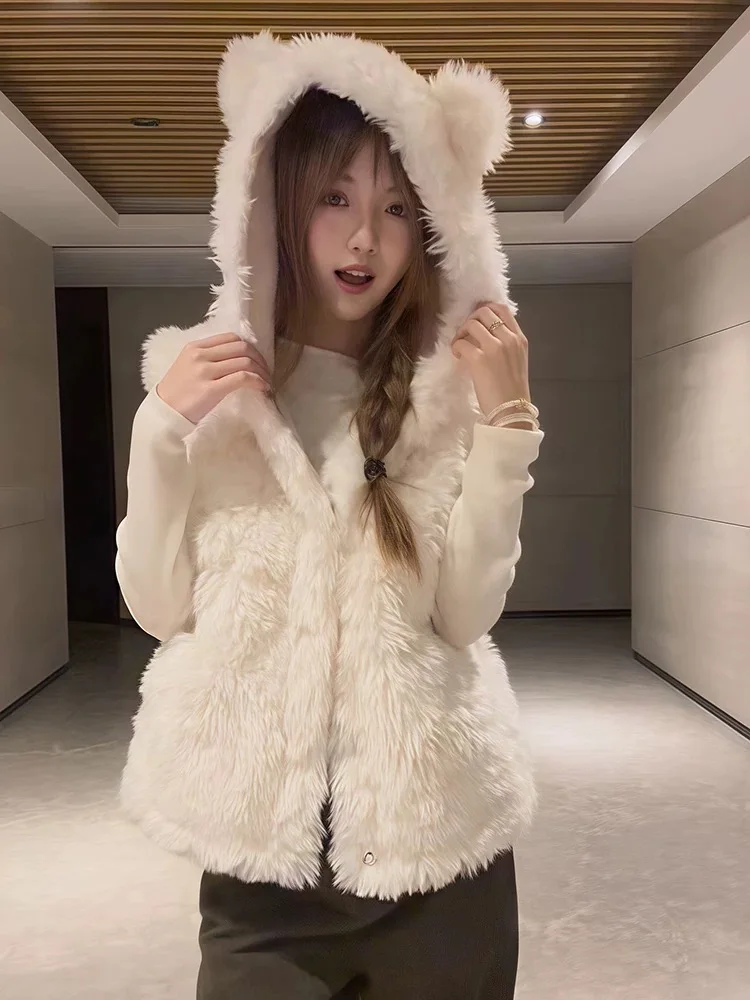 

Bear Ear Hooded Lamb Fur Vest Women's Winter New Sle Warm Polyester Fiber Zipper Closure ort Coat Cute Sle Casual Wear