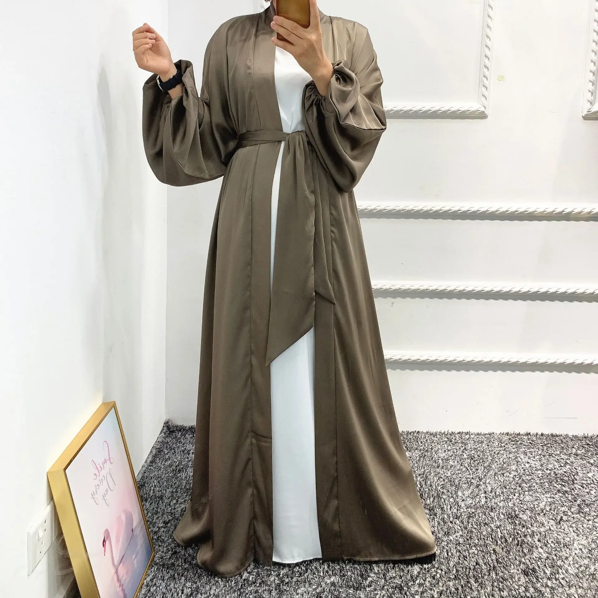 Satin Kimono Abaya Dubai Abayas for Women Muslim Fashion Hijab Dress Balloon Sleeve Islam Clothes Turkey Outfit Cardigan Kaftan