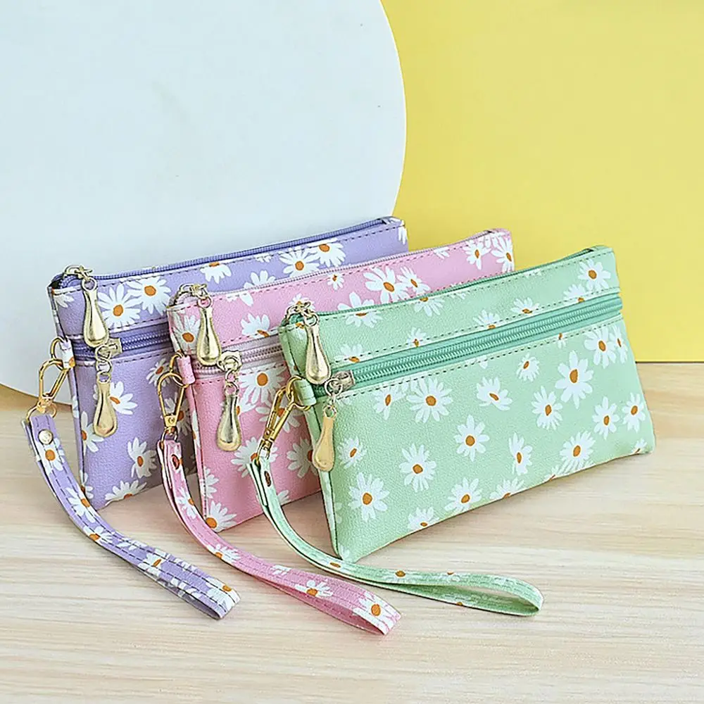 Durable PU Leather Money Coin Purse Wear-resistant Daisy Printed Phone Bag Zipper with wrist strap Pocket Purse for Women Maiden