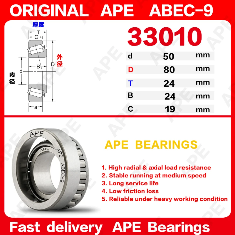 1pcs Germany ABEC-9 APE Bearing 33010 50x80x24mm Single Row Cone Roller Bearing Precision Bearing for Machinery