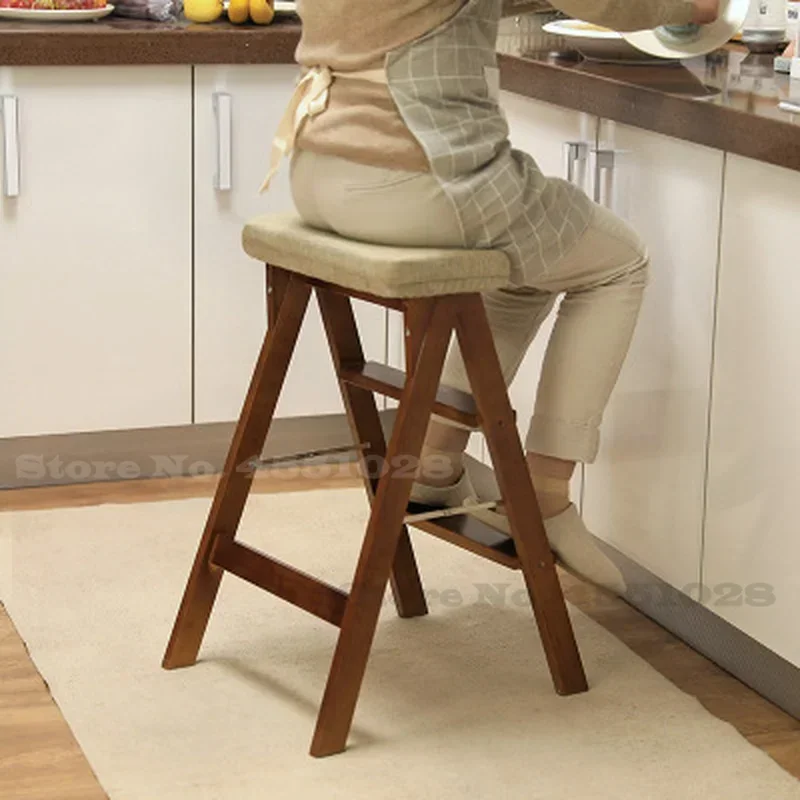 Solid Wood Step Stool, Portable Kitchen Ladder, Folding Stool for Indoor, Multifunctional 3 Step Ladder, Utility Stool