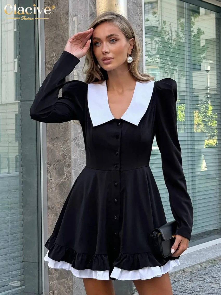 Clacive Fashion Loose Black Patchwork Women\'s Dress Fashion Lapel Long Sleeve Office Mini Dresses Elegant Classic Female Dress