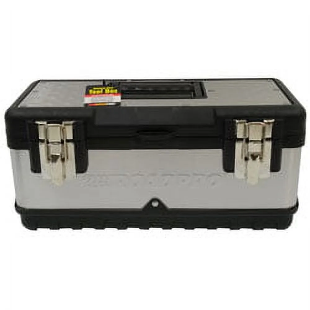 Durable Lightweight 15 Inch Stainless Steel Tool Box with Removable Tray Organizational Compartments Secure Clamp Latches Tool
