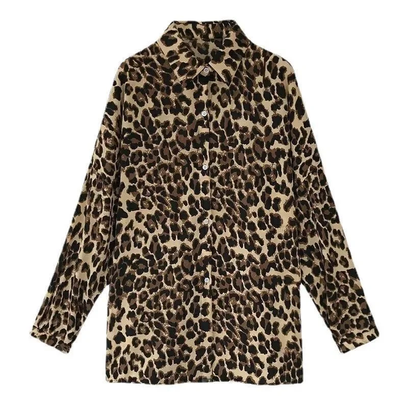 Leopard Print Long Sleeve Blouse For Women Loose Casual Long ShirtsTop Summer Autumn Oversized Street Trend Ladies Blusas