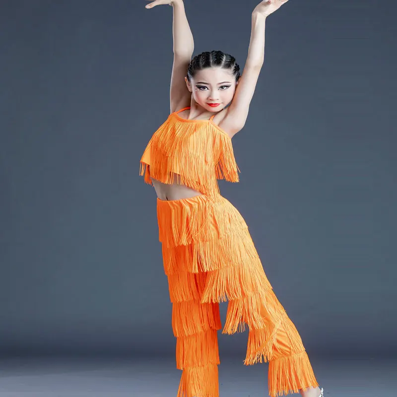 Practice Latin Costume for Girl Fringe Latin Dance Competition Clothes Girls National Standard Dance Orange Tassel Pants Suit