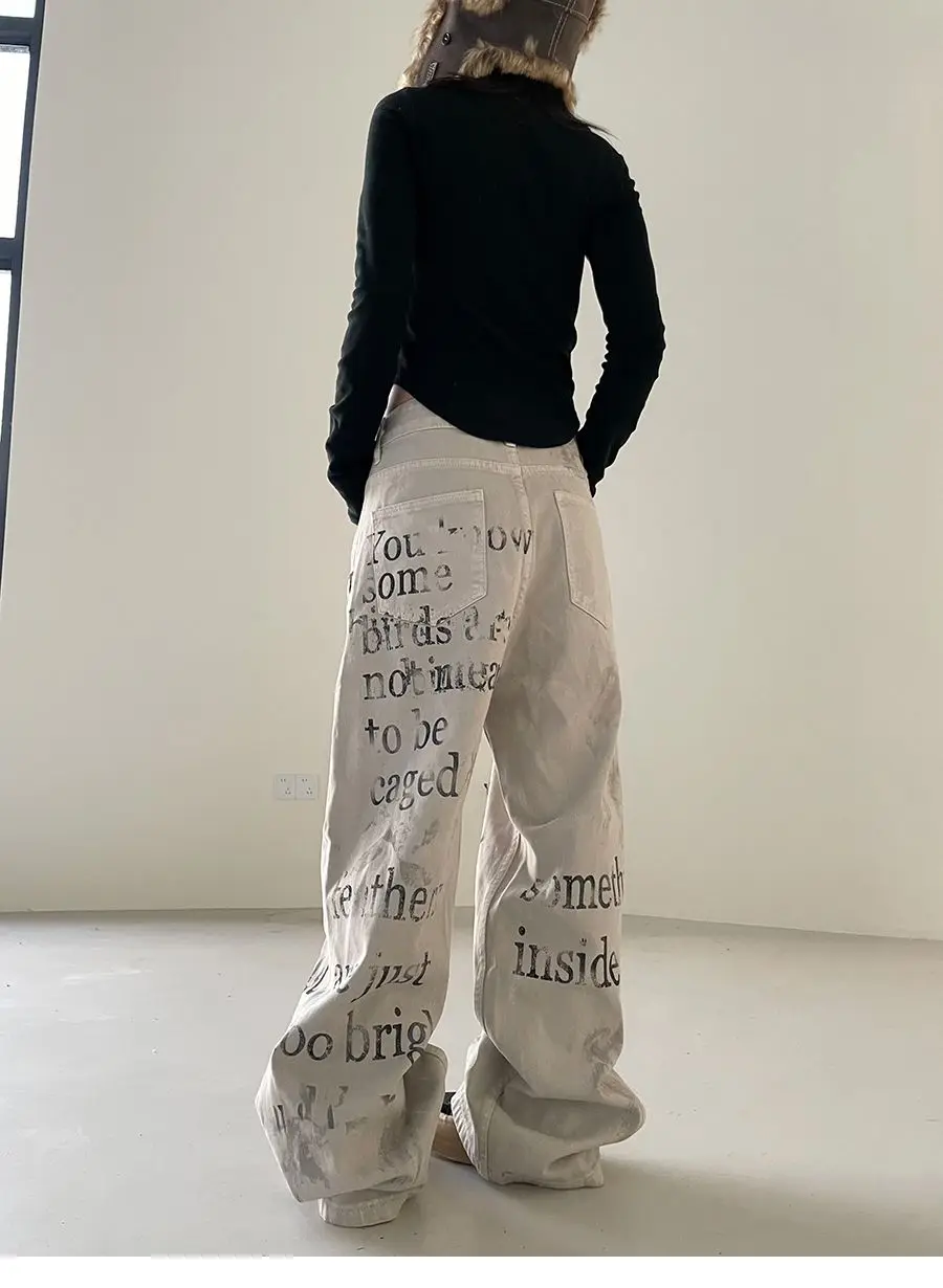 Donna Vintage Graffiti Albicocca Y2k Jeans 2025 Autunno a vita alta American Retro Streetwear Pantaloni in denim a gamba larga Pantaloni larghi