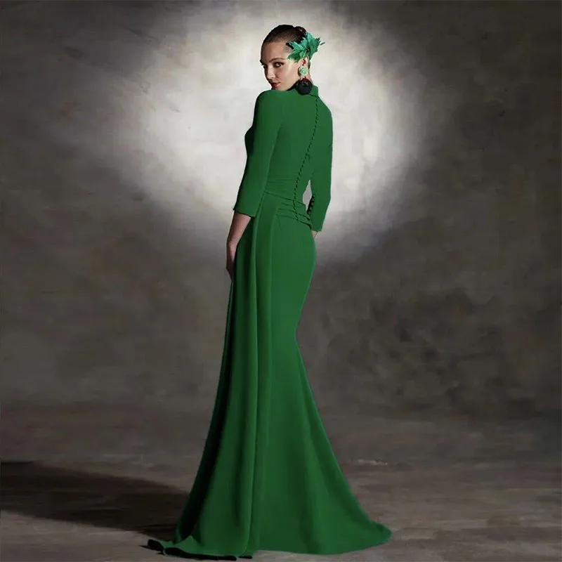 Elegante Groene Zeemeermin Avondjurk 2024 V-Hals 3/4 Mouwen Vrouwen Prom Party Arabic Dubai Lange Formele Jurken Robe De Soire