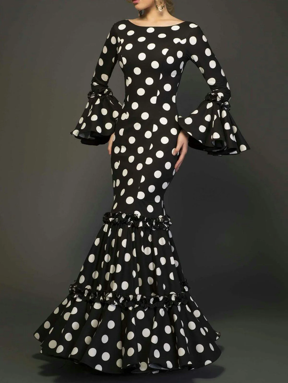

Elegant Party Long Dress Women Polka Dot Printed Ruffle Hem Fishtail Dress Bohemian Casual O-neck Flare Sleeve Slim Maxi Dresses
