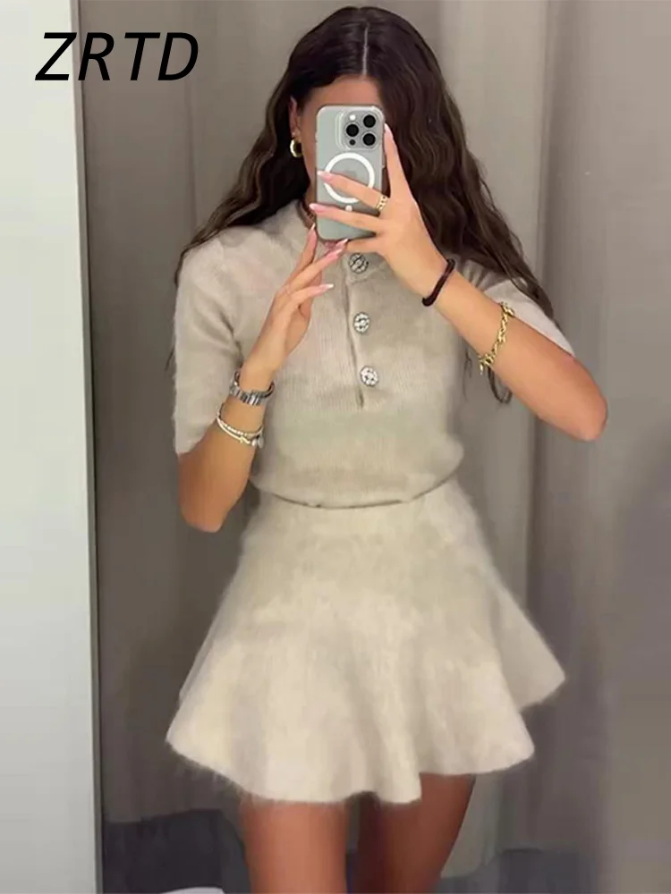 Sexy Knitted Mohair T-shirt Mini Skirt Sets Women Slim O-neck Single Breasted Sweater A-line Skirts 2024 Autumn Lady Knit Outfit