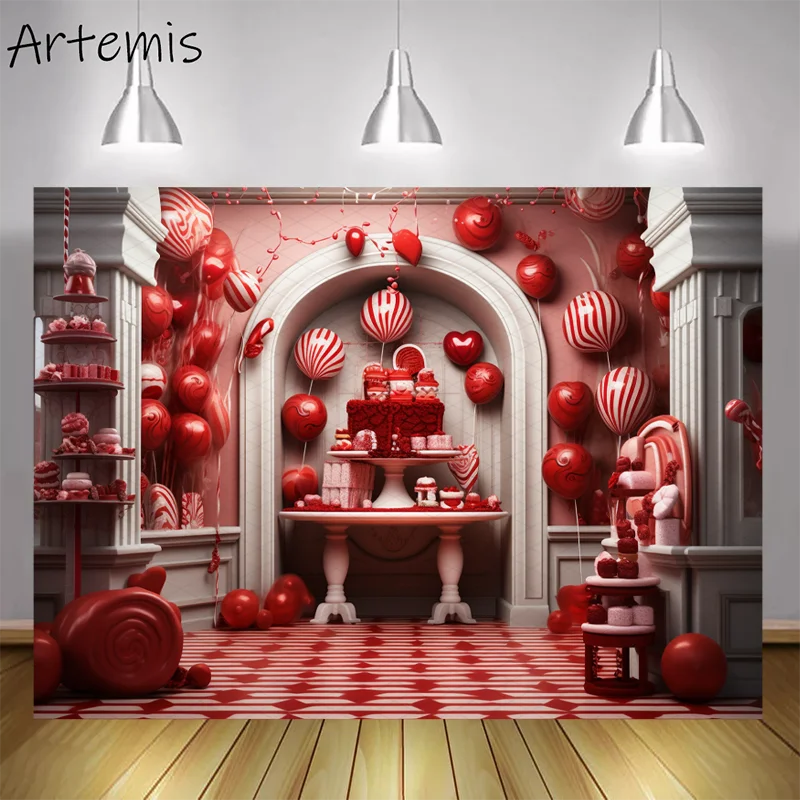 Valentine's Day Background Candy Shop Grid-like Red Luxurious Wall Hangings Children's Birthday Portrait Backdrop Photo Studio