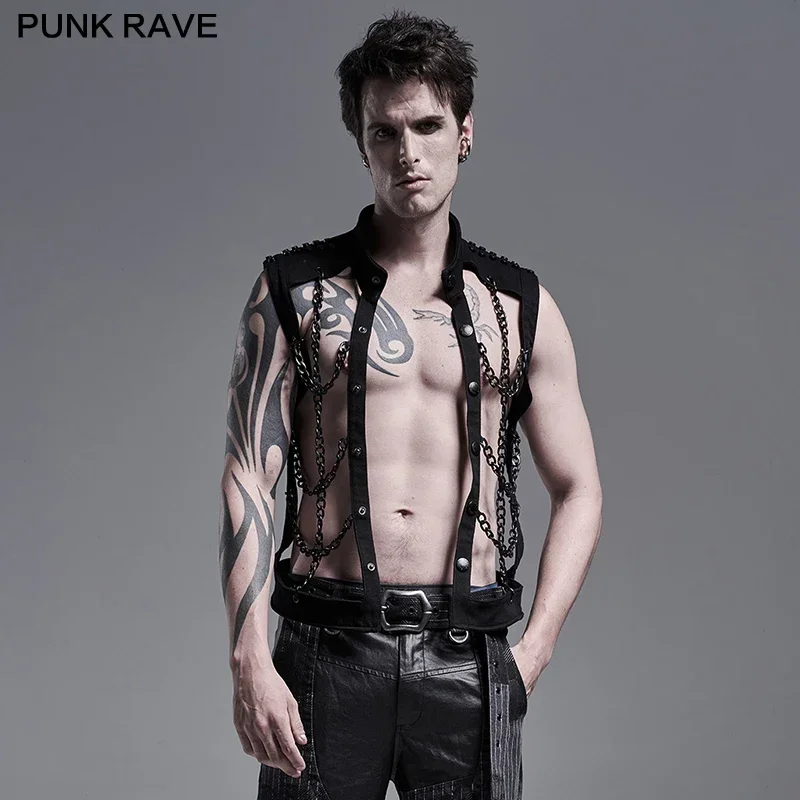 PUNK RAVE Men's Punk Personality Chain Hollow-out Sexy Vest Rock Fashion Cardigan Stage Performance Men Waistcoat