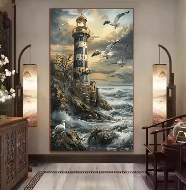 Full Square Round Diamond Painting Sea Waves Lighthouse Birds DIY Diamond Art Kits Mosaic Diamond Embroidery Home Decor