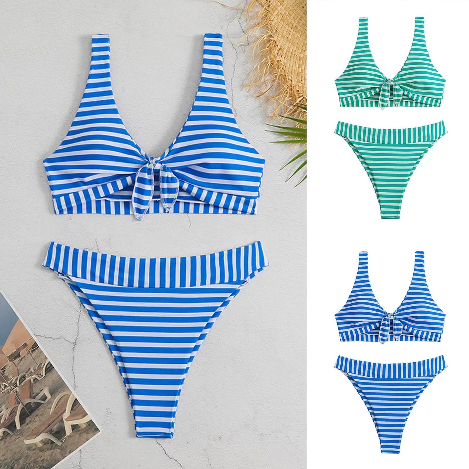 Swimwear 2026 Bikini Sets For Woman Striped Bikinis Blue And White High Waist Two Piece Swimsuit Front Knot Top Two Piece Bikini