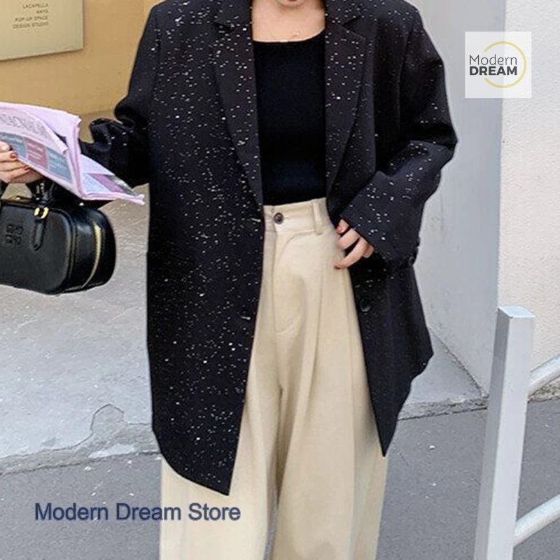 Francuski styl mody, czarna marynarka z cekinami, damska, wiosenno-jesienna, nowa, plus size, luźny krój, retro, elegancka marynarka.