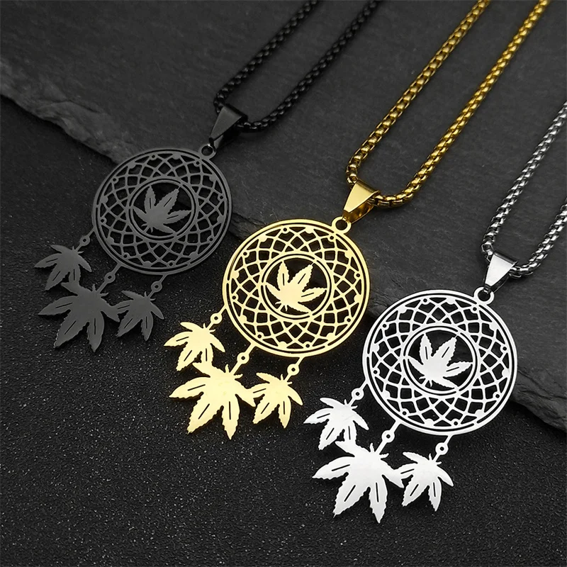 Maple Leaves Dreamcatcher Necklace For Women Men Stainless Steel Gold Color Indian Help Sleep Chain Jewelry Amulet collar verano