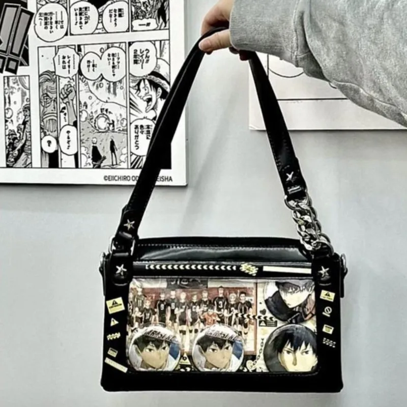 

JIAERDI Japanese Star Studded Harajuku Handbag Women Anime Large Capacity Clear Ita Bag Ladies JK Uniform Chain Y2k Underarm Bag