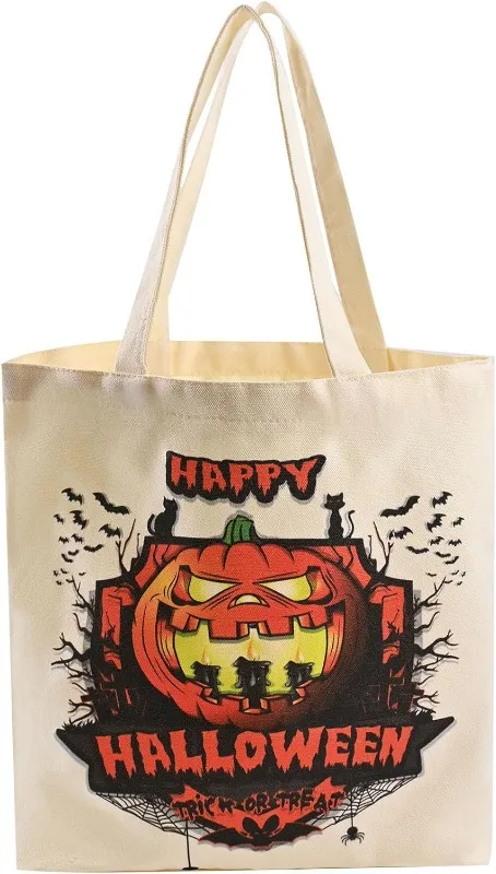 

Большая сумка-тоут для Хэллоуина размером 13,8 дюйма, многоразовая сумка для покупок с тыквой, сумка для конфет «Кошелек или жизнь»