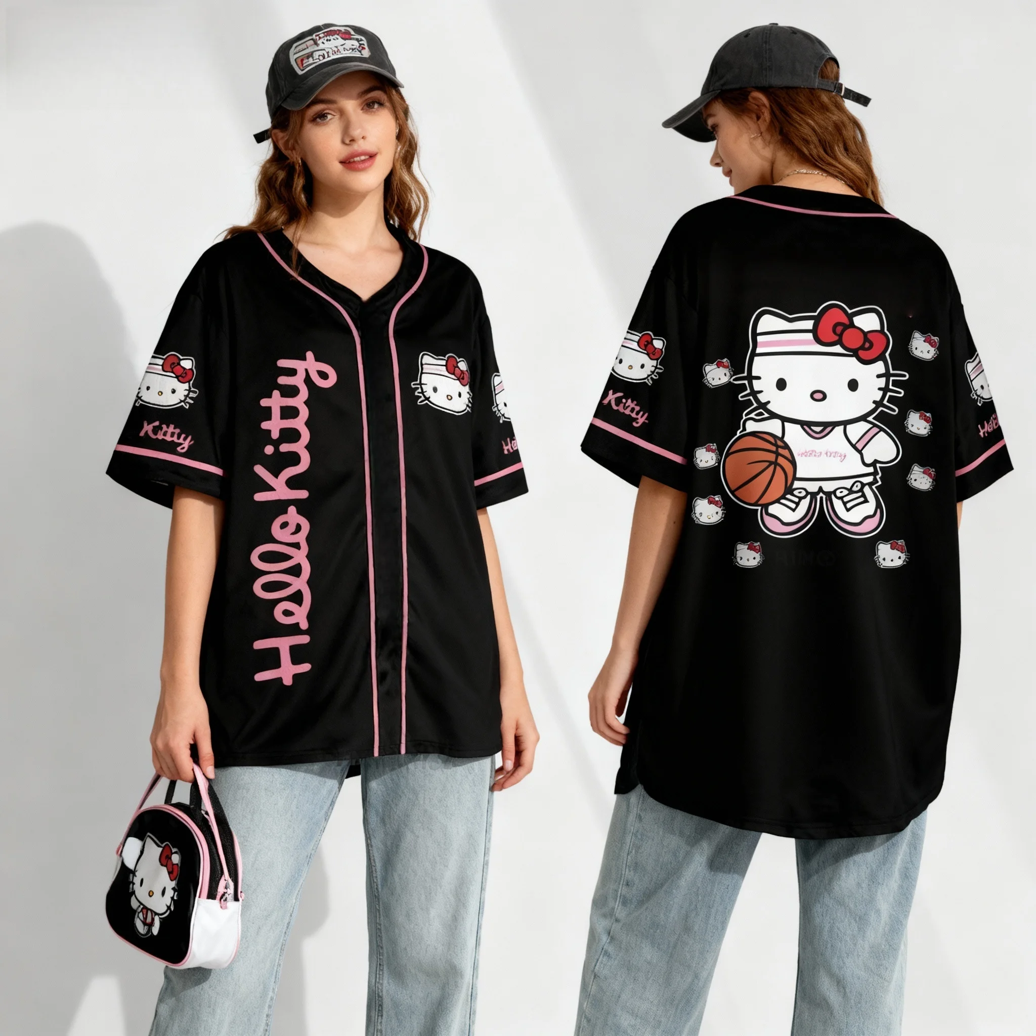 قميص سانريو فاميلي كورومي هالو كيتي تي شيرت صيفي حلو ورائع للشارع الأمريكي مقاس كبير للسيدات البالغات طراز جديد