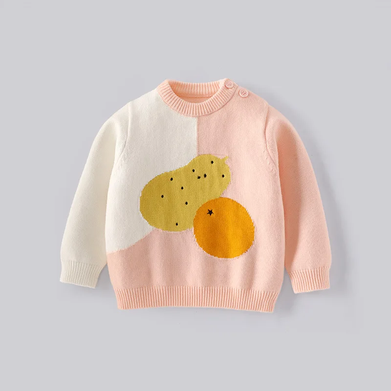 Autumn 2025 Infant Baby Girl Sweater Cotton Cartoon Fruit Spliced Toddler Kid Girl Pullovers Contrast Knitted Children Girl Tops