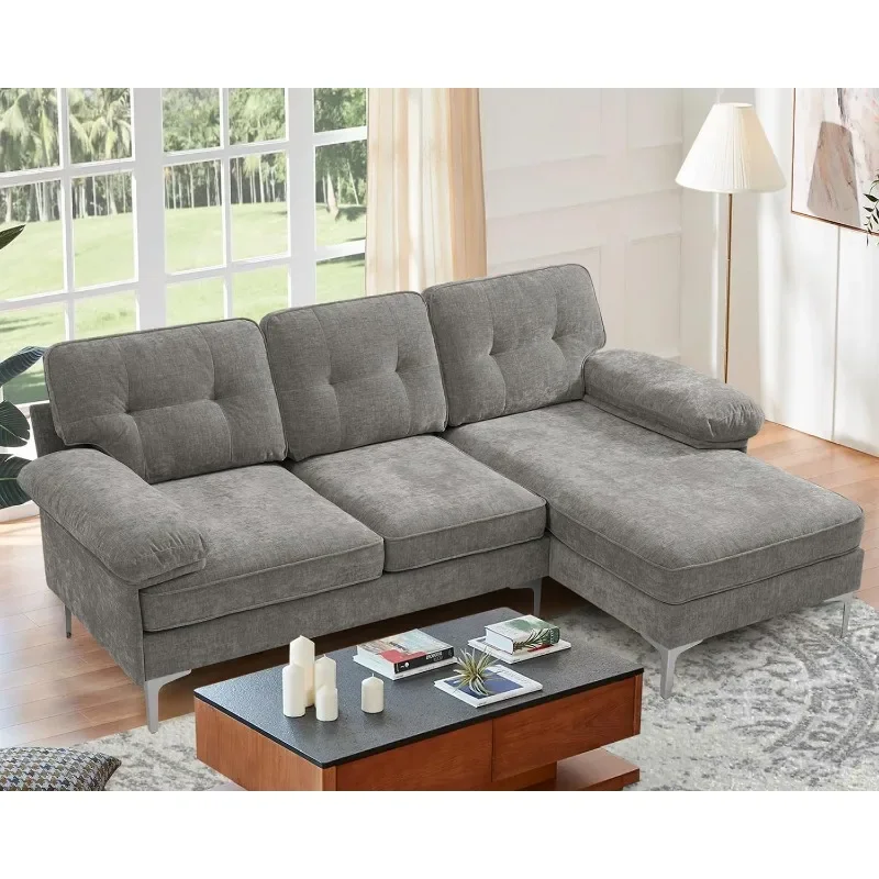 ZHENXIANG-L Shaped Convertible Chenille Couch, 3-Seat Lounge Sofá para quarto com chaise, Fluffy Sleeper Bed, 83 em